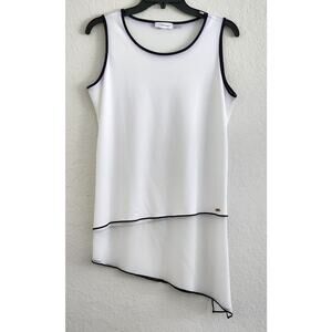 TOP/BLOUSE-CALVIN KLEIN-White-Black Trim-Asymmetrical Hemline-Sleeveless-Size LG